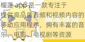 榴莲 app 是一款专注于提供高品质音频和视频内容的移动应用程序，拥有丰富的音乐、电影、电视剧等资源